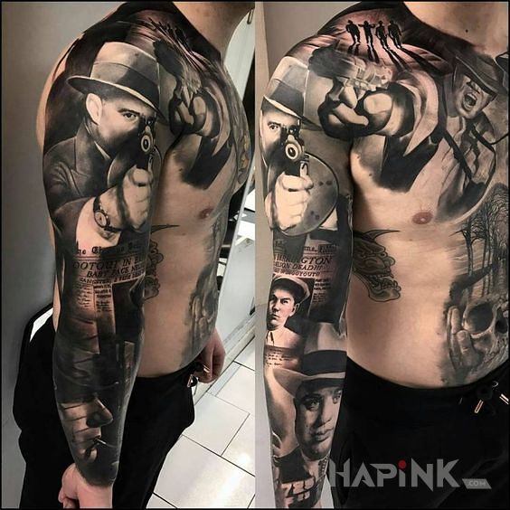 Tattoo Al capone in sleeves motif and realistic style on the forearm