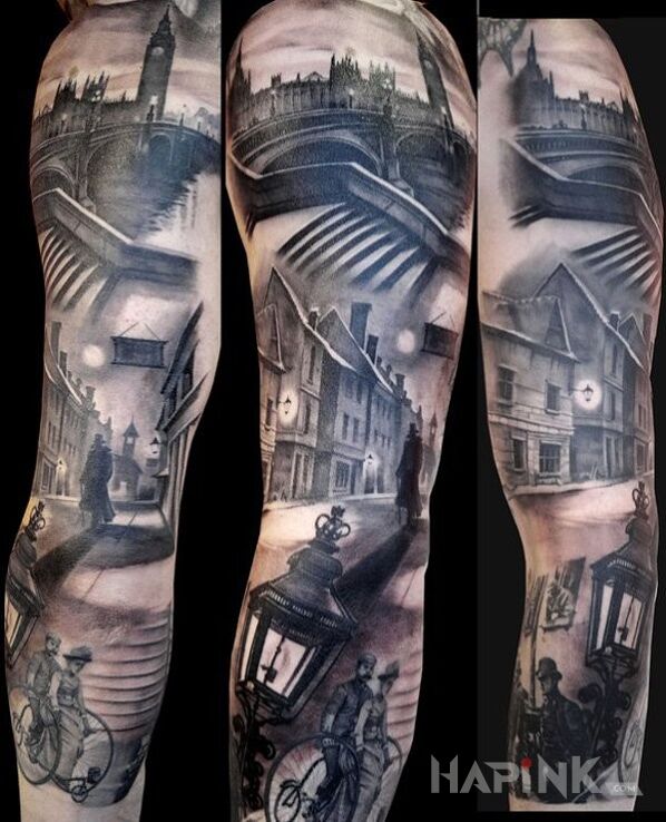 Tattoo Wiktoriański Londyn in characters motif and realistic style on the upper arm