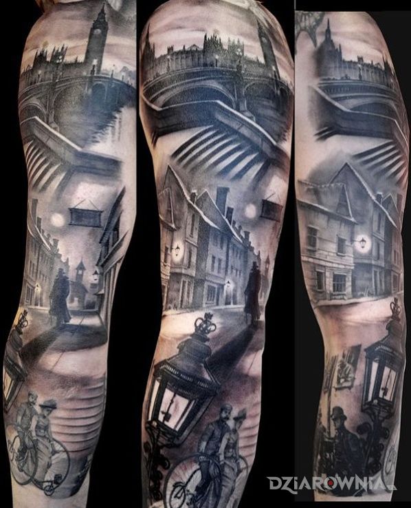 Tatuaż wiktoriański londyn w motywie postacie i stylu realistyczne na ramieniu