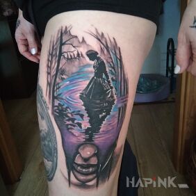 Tattoo She on the leg motif: characters style: surrealistic