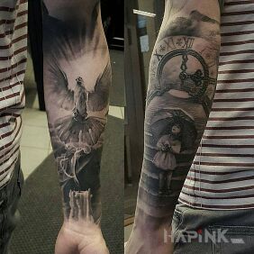 Tattoo The girl and the pigeon on the forearm motif: characters style: realistic