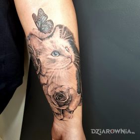 Tatuaż Kicia na przedramieniu motyw: kwiaty styl: realistyczne