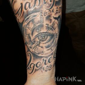 Tattoo Names and dates of children on the forearm motif: objects style: realistic