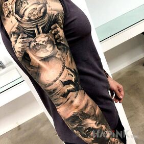 Tattoo A sleeve of space adventures on the forearm motif: characters style: realistic