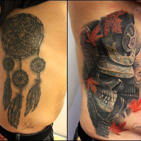 Tattoo Czacha cover on the ribs motif: cover-up style: realistic