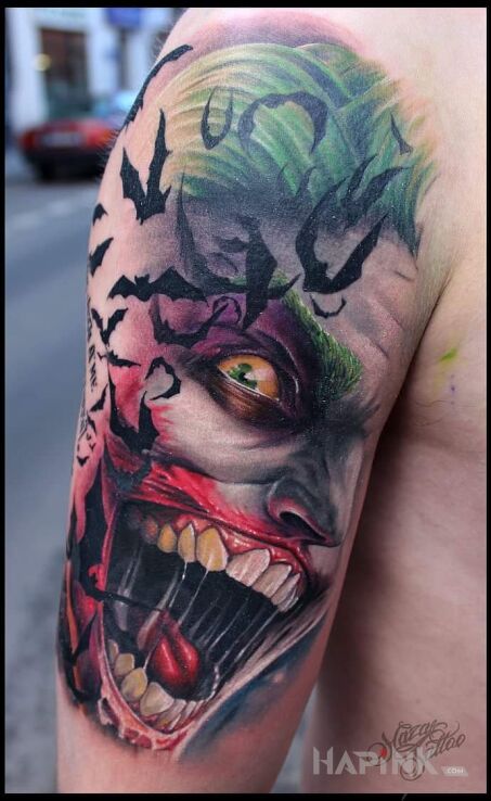 Tattoo Jocker in 3D motif and realistic style on the upper arm