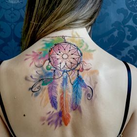 Tattoo Dream catcher on the back motif: objects style: Watercolor