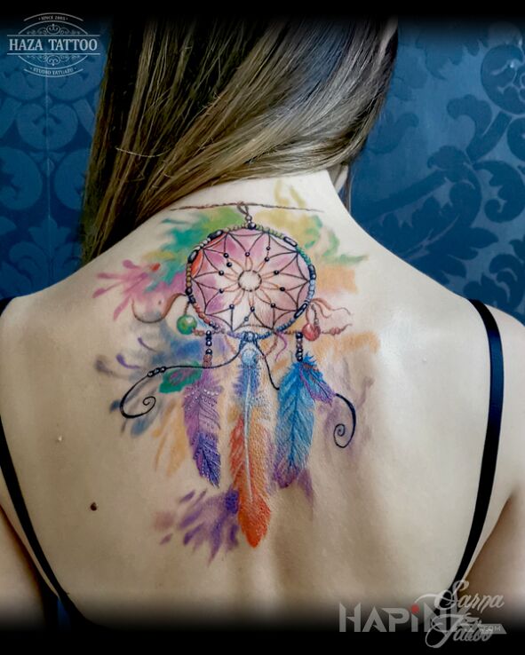Tattoo Dream catcher in objects motif and Watercolor style on the back