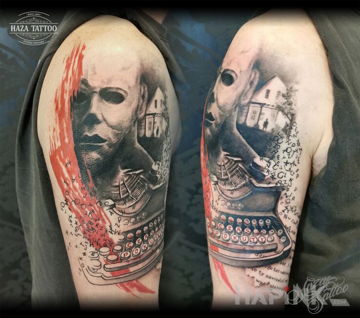 Tattoo Horror in characters motif and trash polka style on the upper arm