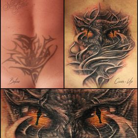Tattoo Owl Cover on the back motif: cover-up style: graphic / illustrative