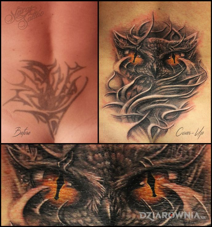 Tatuaż sowa cover w motywie cover up i stylu graficzne / ilustracyjne na plecach