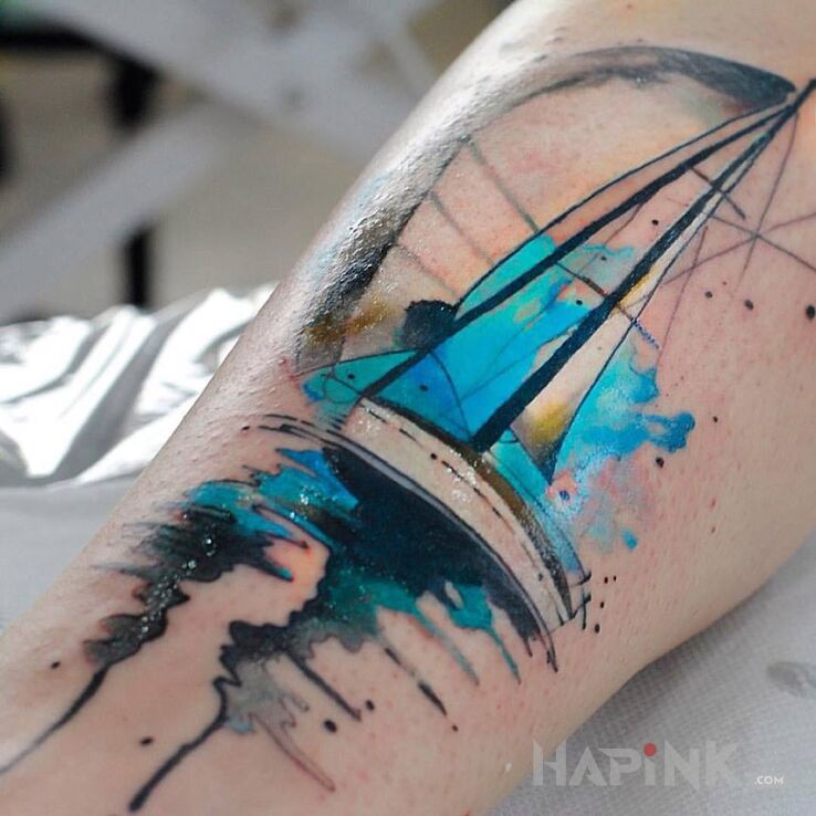 Tattoo Żaglówka in colorful motif and Watercolor style on the forearm