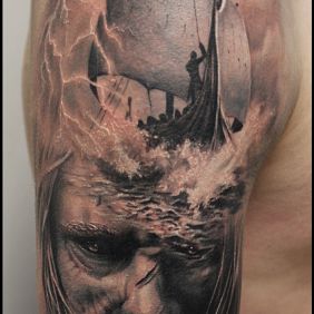 Tattoo Poseidon on the upper arm motif: faces style: realistic