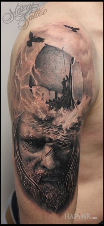Tattoo Poseidon in faces motif and realistic style on the upper arm