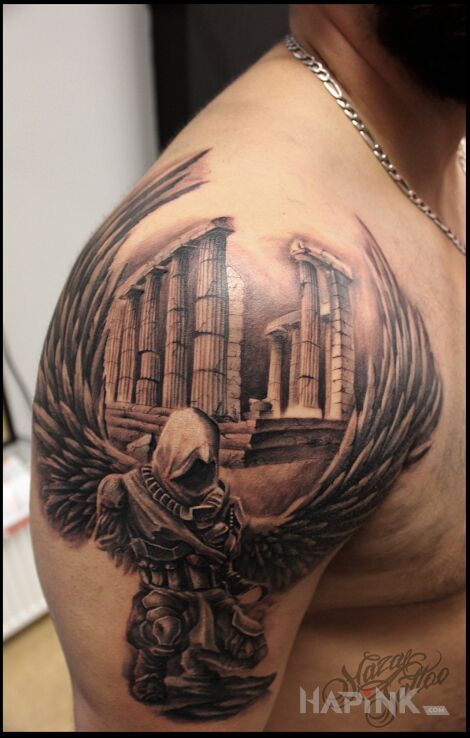 Tattoo Assassin in 3D motif and realistic style on the upper arm