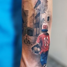 Tattoo Soccer, blockchain on the forearm motif: characters style: realistic