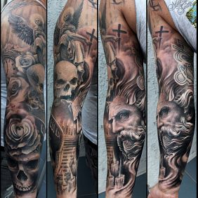 Tattoo Zeus on the forearm motif: faces style: realistic