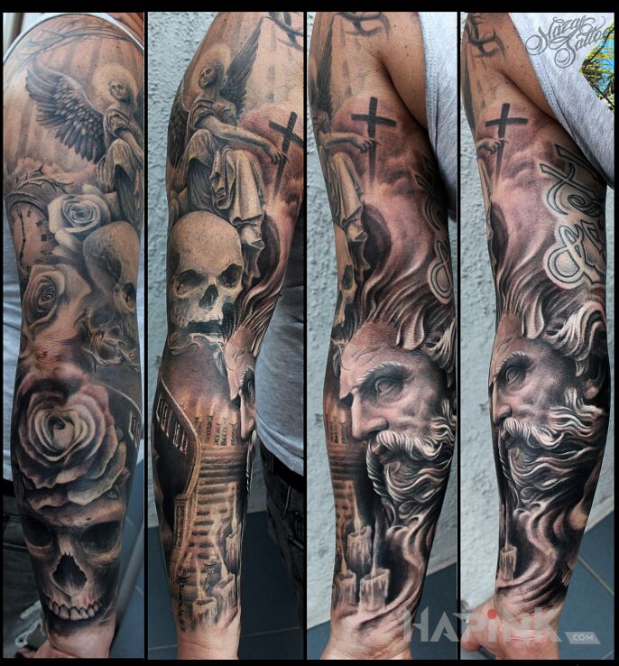 Tattoo Zeus in religious motif and realistic style on the forearm