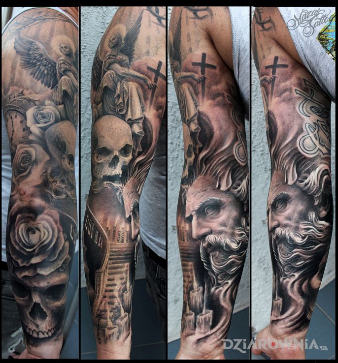 Tatuaż zeus w motywie religijne i stylu realistyczne na ramieniu