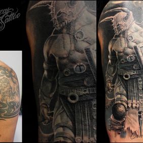 Tattoo Cover warrior, viking on the upper arm motif: characters style: realistic