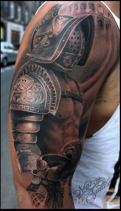 Tattoo Gladiator in 3D motif and realistic style on the upper arm