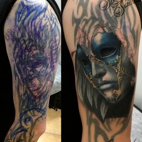 Tattoo Cover, in progress on the upper arm motif: faces style: realistic