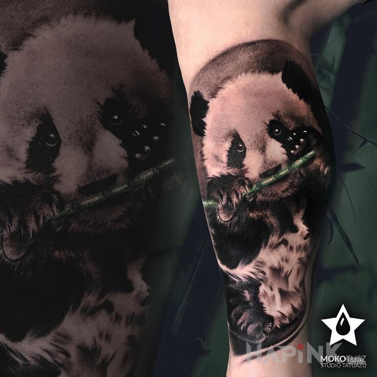 Tattoo Panda in 3D motif and realistic style on the calf