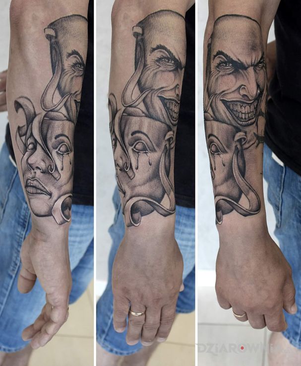 Tatuaż dwie osoby dwa charaktery w motywie czarno-szare i stylu graficzne / ilustracyjne na przedramieniu