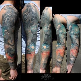 Tattoo Demon, raven, sleeve on the forearm motif: demons style: realistic