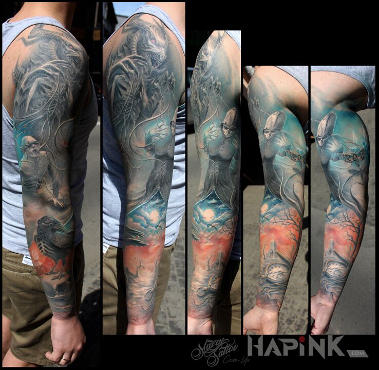 Tattoo Demon, raven, sleeve in characters motif and realistic style on the upper arm