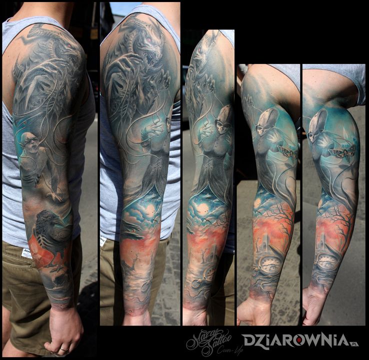 Tatuaż demon kruk rękaw w motywie smoki i stylu realistyczne na ramieniu