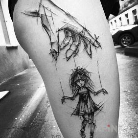 Tattoo Puppet on the leg motif: characters style: sketch