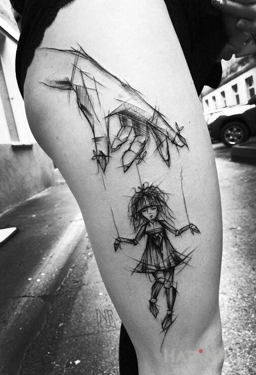 Tattoo Kukiełka in characters motif and graphic / illustrative style on the leg