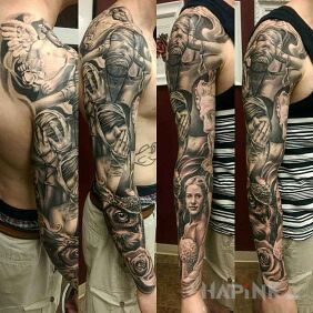 Tattoo No sight or sound on the shoulder blades motif: 3D style: realistic