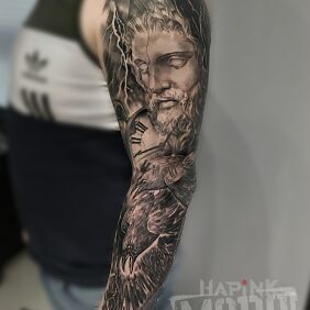 Tattoo Zeus, clock, raven, sleeve on the forearm motif: animals style: realistic