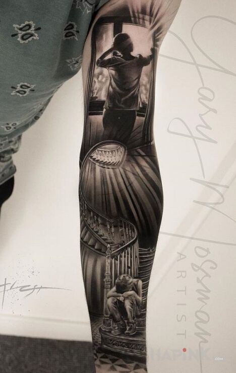 Tattoo Smutek dziecka in black and gray motif and realistic style on the forearm