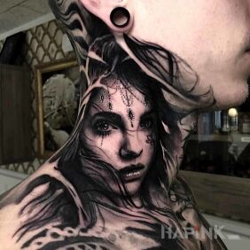 Tattoo Beautiful face on the neck motif: 3D style: realistic