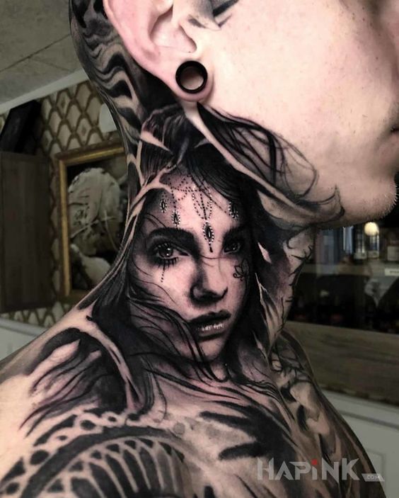 Tattoo Piękna twarz in black and gray motif and realistic style on the neck