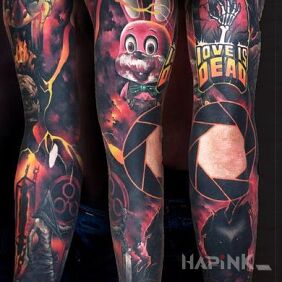 Tattoo Mixed with intermingling on the forearm motif: lettering style: surrealistic