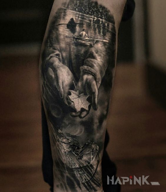 Tattoo Jesień in characters motif and realistic style on the calf
