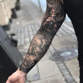 Tatuaż Dzieciątko / Żołnierz / Róża na ramieniu motyw: rękawy styl: realistyczne