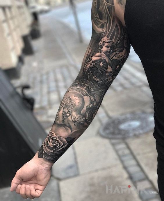 Tattoo Dzieciątko / Żołnierz / Róża in black and gray motif and realistic style on the upper arm