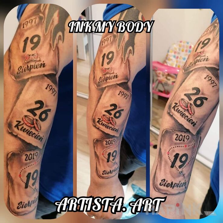 Tattoo Kartki z kalendarza in lettering motif and realistic style on the forearm