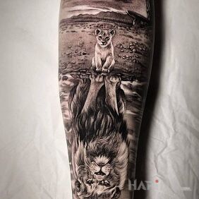 Tattoo Mufasa and Simba on the forearm motif: animals style: realistic