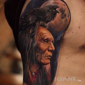 Tattoo The Indian and the raven on the upper arm motif: characters