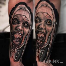 Tattoo The famous "The Nun" on the forearm motif: 3D style: realistic
