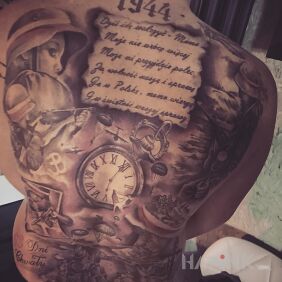 Tattoo Poland fighting on the back motif: characters style: realistic