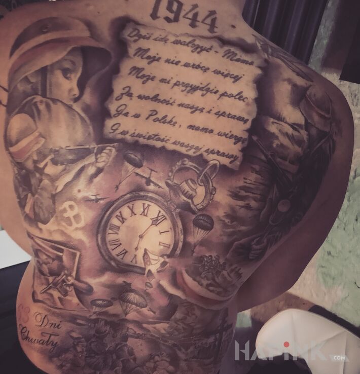 Tattoo Polska walcząca in faces motif and realistic style on the shoulder blades