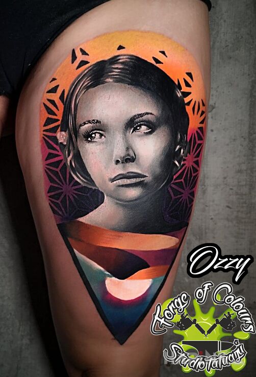 Tattoo Konwencyjny 2 miejsce Zamość 2019 in faces motif and realistic style on the leg