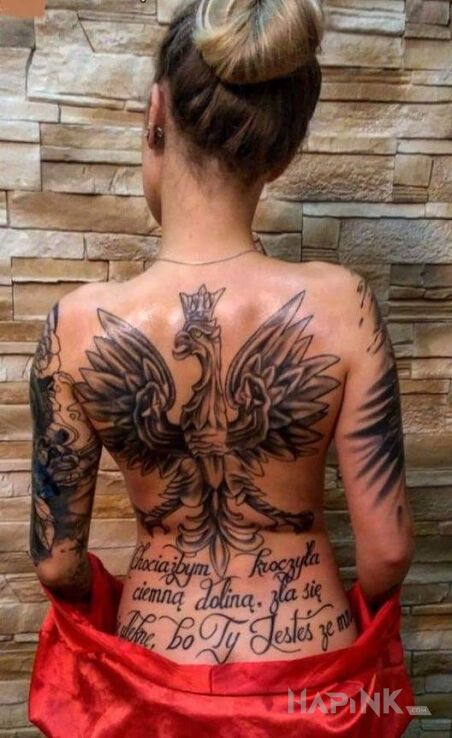 Tattoo Wielki polski orzeł in patriotic motif and calligraphy style on the back